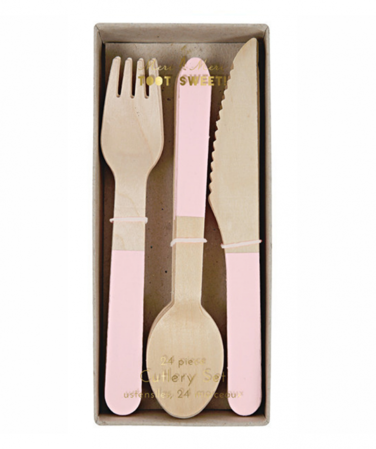 08611 Meri Meri Pink Wooden Cutlery Set (x 24) - Image 1