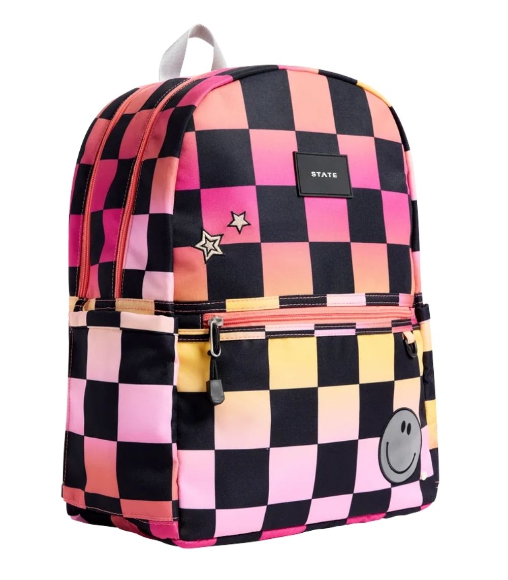 state bags (1) Kane Double Pocket Backpack, Pink Checkerboard - Image 1