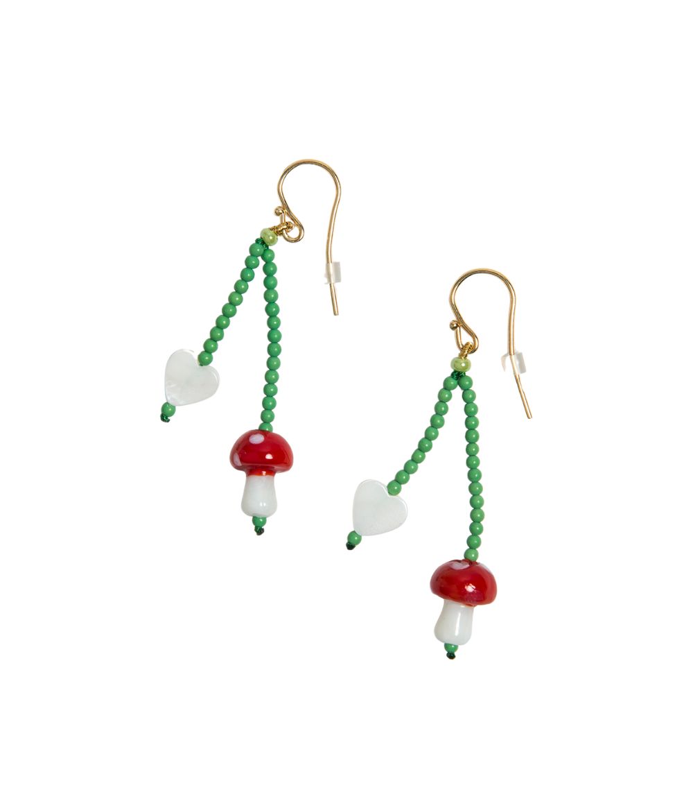 2 Mushroom Charm Green & Red Earrings - Image 1