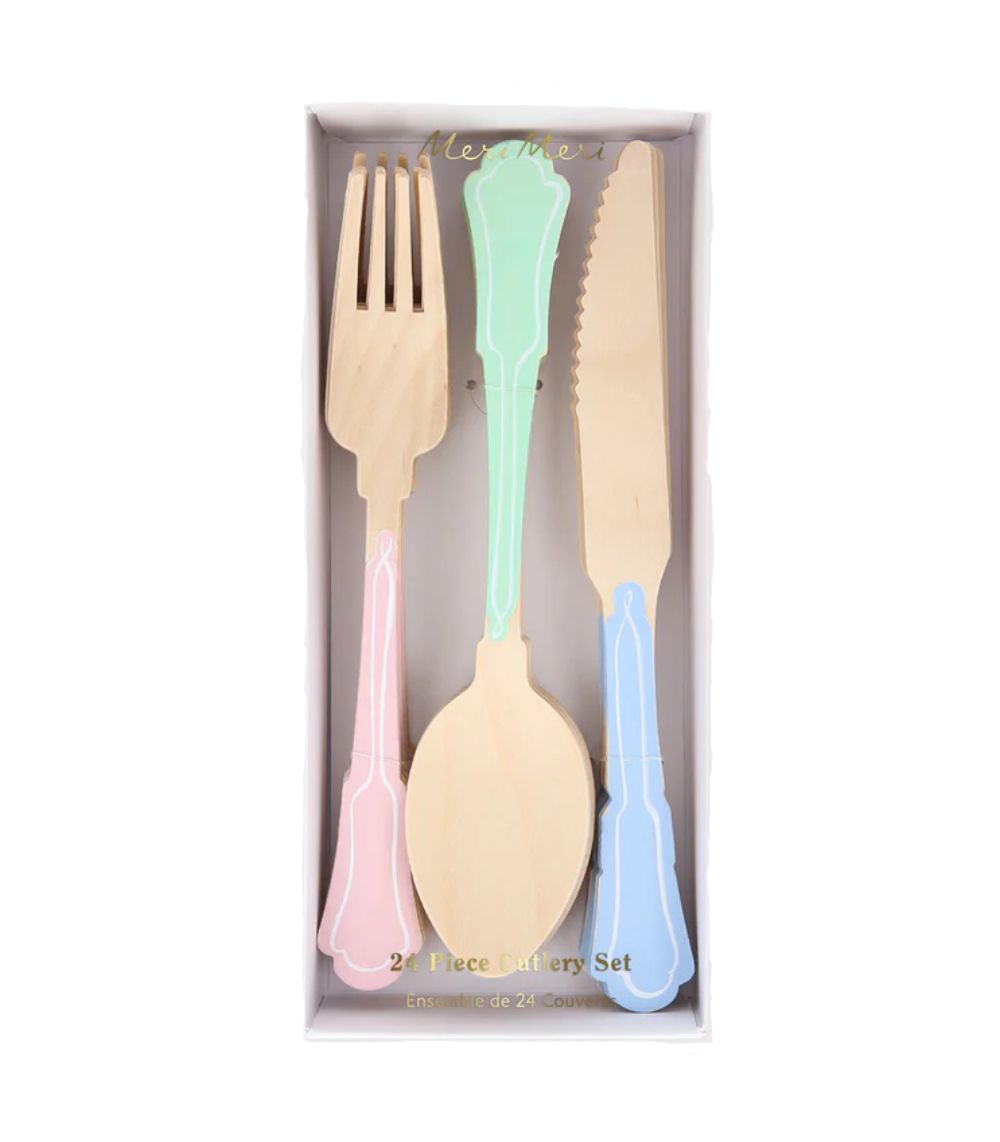 45 Meri Meri Elegant Mixed Colour Wooden Cutlery Set (x 24) - Image 1