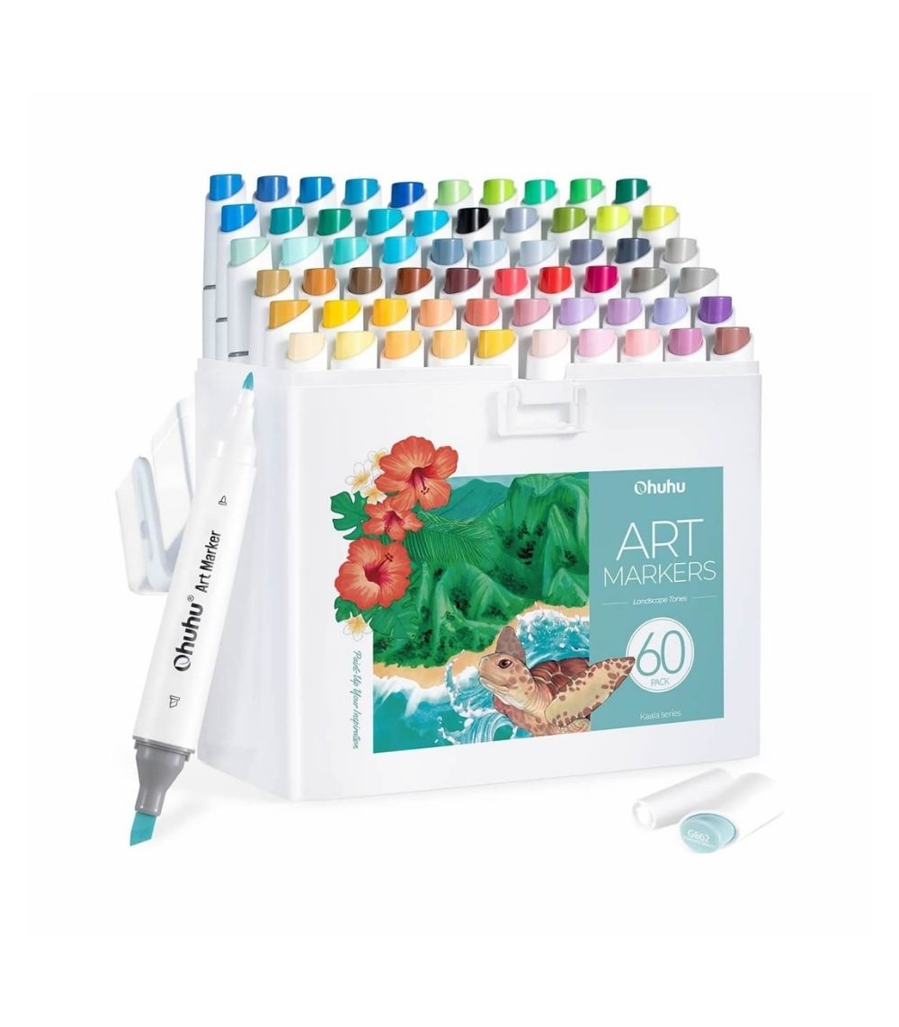 191 Ohuhu Kaala Slim Broad and Fine Dual Tips Alcohol Art Markers- 60 Colors Landscape Tone - Image 1