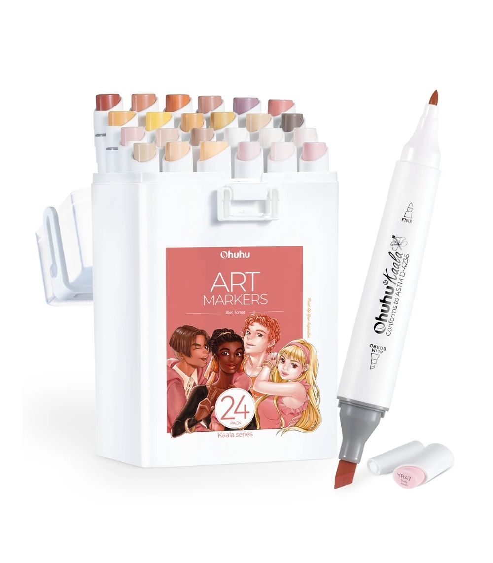 198 Ohuhu Kaala Slim Broad and Fine Dual Tips Alcohol Art Markers-24 Color Skin Tone - Image 1