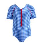 Erica Short-Sleeve Zip One-Piece, Blue Carreaux