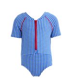 Erica Short-Sleeve Zip One-Piece, Blue Carreaux