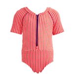 Erica Short-Sleeve Zip One-Piece, Orange Carreaux