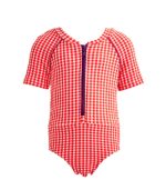 Erica Short-Sleeve Zip One-Piece, Orange Carreaux