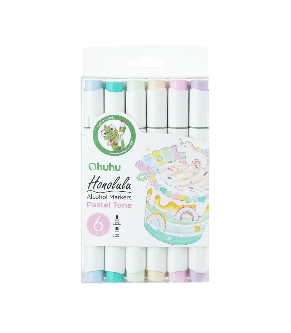 220 Ohuhu Honolulu 6 Pastel Tones Colors Dual Tips Alcohol Art Markers, Brush & Chisel - Image 1