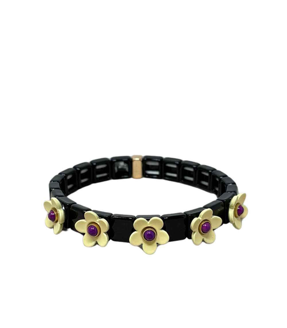 352 Mamacita 3D Flower Tile Bracelet Black/Butter Yellow - Image 1