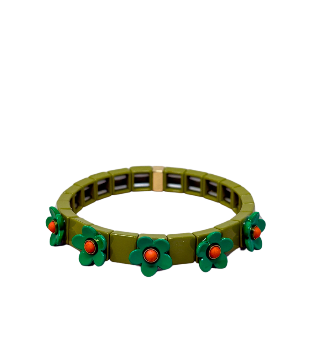 353 Mamacita 3D Flower Tile Bracelet Olive/Green - Image 1