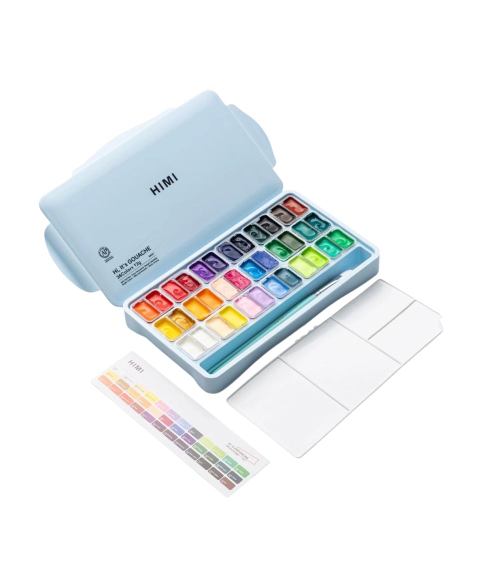 Himi (1) Himi Twin Cup Gouache Set – 36 Colours +3 Brushes – Ice Blue Case - Image 1