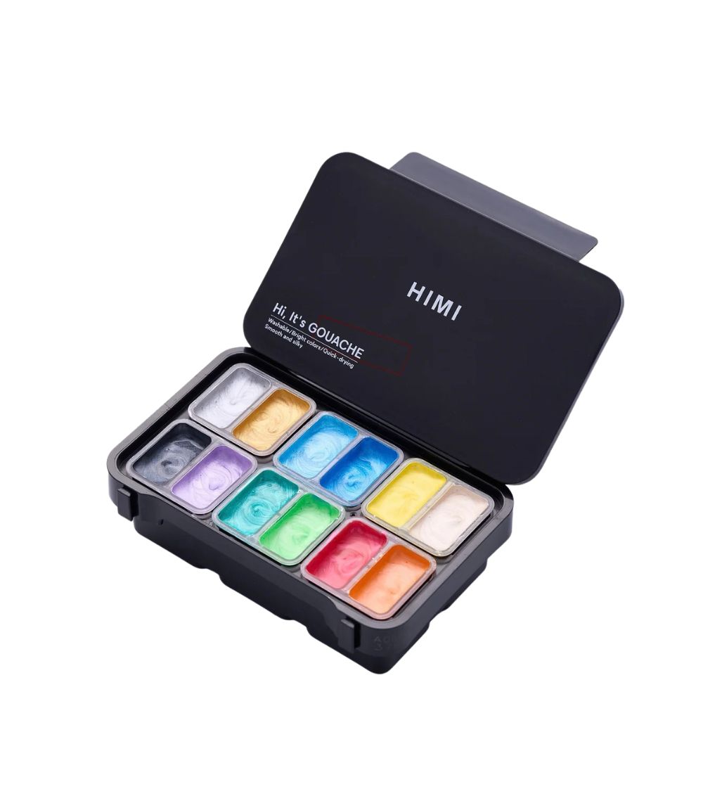 Himi (7) Himi Twin Cup Gouache Set – 12 Shiny Metallic Colours – Black Case - Image 1