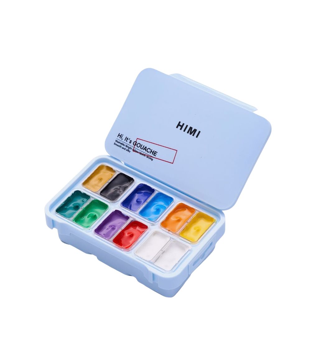 Himi (8) Himi Twin Cup Gouache Set – 12 Very Basic Colours – Ice Blue Case - Image 1